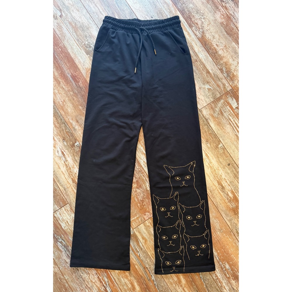 Bella Bellucci Womens S Black Rhinestone Cat Pants Y2K McBling Straight Leg